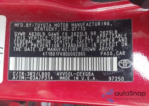 2013 Toyota Camry Hybrid Xle from USA, damaged, VIN 4T1BD1FK8DU092965